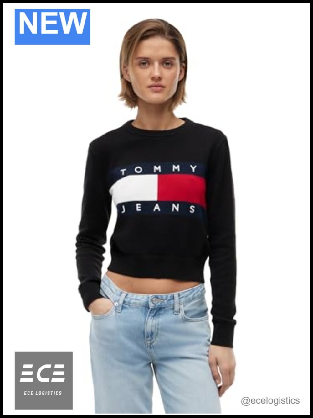 Women's Cotton Crewneck Pullover Sweater Long Sleeve Ribbed Flag Logo Knit